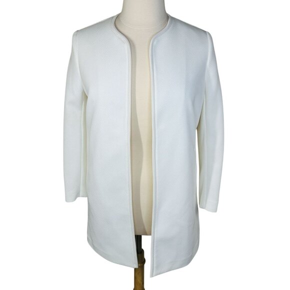 H&M Jacket Womens 14 White Textured Open Front Lined Long Sleeve Duster New - Picture 1 of 7